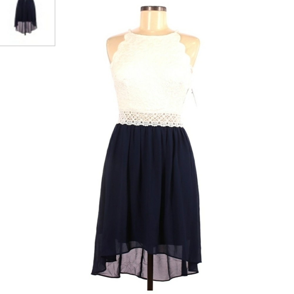 NWT By & By Dress High Low Scalloped Chrocet Keyhole Junior's 7 Sleeveless EUC